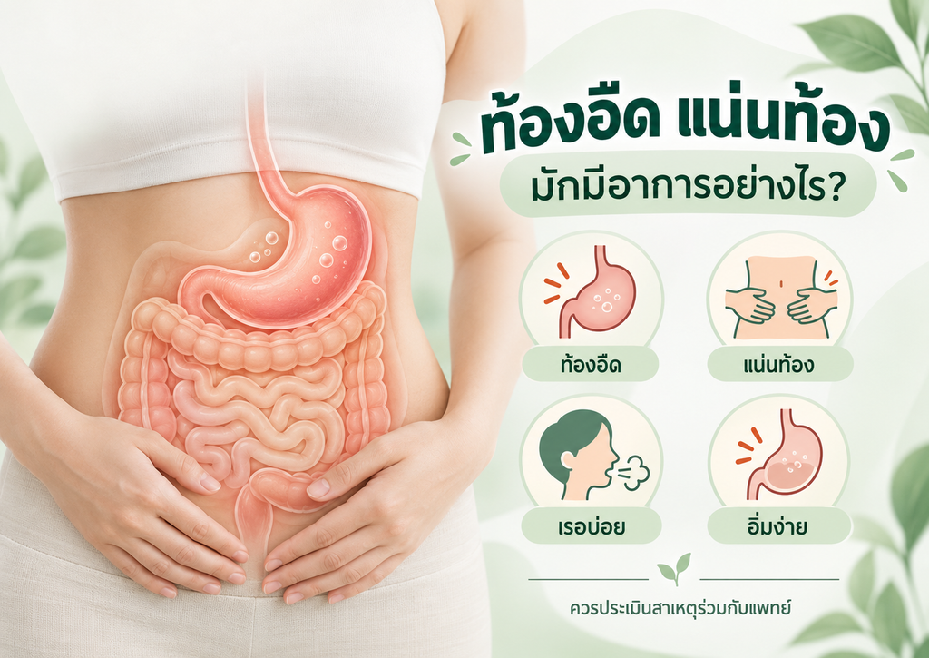 ภาพประกอบกระเพาะอาหารและลำไส้ พร้อมอาการท้องอืด แน่นท้อง เรอบ่อย และอิ่มเร็ว