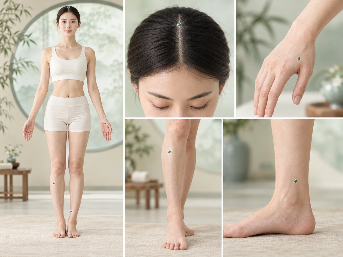ภาพประกอบจุดฝังเข็ม ST36 SP6 LI4 และ GV20 ตามศาสตร์แพทย์แผนจีน